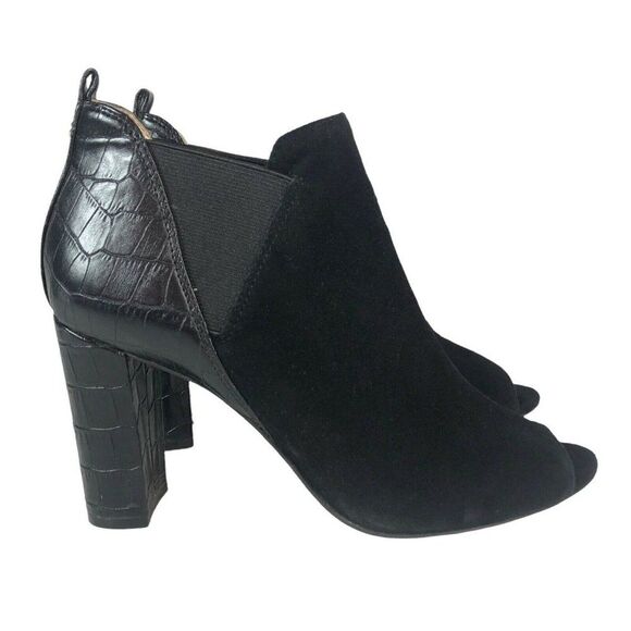 Marc Fisher SAYLA Womens 7M Open Toe Black Suede Bootie 3.5" Heels Croc Embossed - Picture 1 of 9